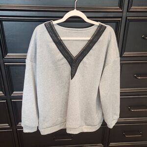 Shein Brand Gray Sweater with Black Lace V-Neck Size Large